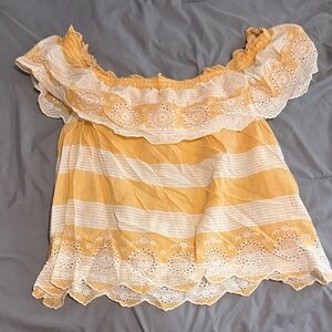 American Eagle Outfitters Mustard and White Off-Shoulder Blouse